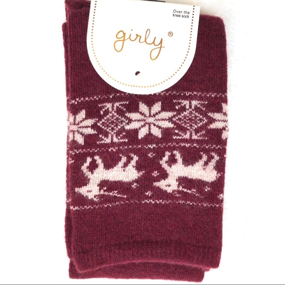 Girly Accessories - Burgundy & White Snowflake Deer Knitted Over-the-knee Socks